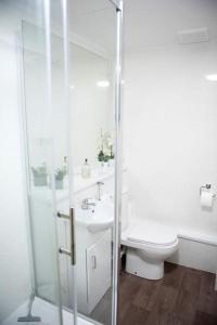 a white bathroom with a toilet and a sink at King's Central Cambridge Apartment in Cambridge