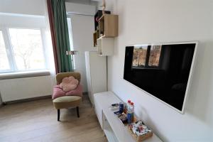 een woonkamer met een televisie en een stoel bij Lovely City Center Apartment - Free Minibar in Boekarest