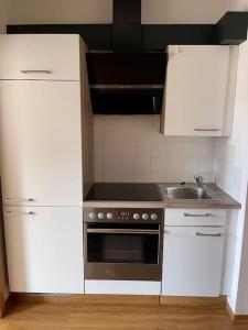uma cozinha com armários brancos, um fogão e um lavatório em Sonniges Apartment mit Balkon em Graz
