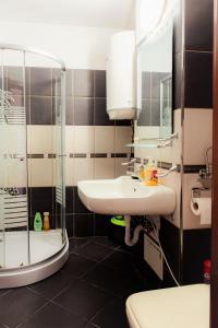 a bathroom with a sink and a shower at Parliament Merlot Unirii Square 5 Bedrooms Luxury Apartment Old Town in Bucharest