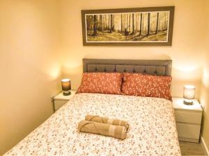 ein Schlafzimmer mit einem Bett mit zwei Nachttischen und zwei Lampen in der Unterkunft Badgers Sett 2 Bedroom sleeps 4, The New Inn Viney Hill, Forest of Dean in Blakeney