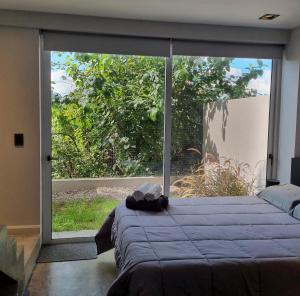 1 dormitorio con 1 cama y una gran ventana de cristal en Barrancas de Nieva B04 en San Salvador de Jujuy