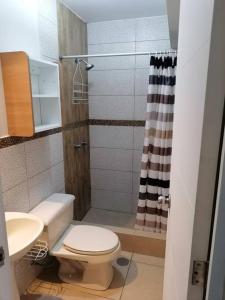 a small bathroom with a toilet and a shower at Gorgeous 2 bedroom flat in nice commercial area in Lima
