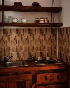 eine Küche mit einer Spüle und einer Arbeitsplatte in der Unterkunft Dembelija Rooms in Virpazar
