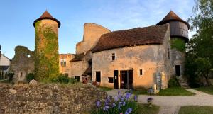 un antiguo edificio con dos torres y flores púrpuras en Chateau d'Ingrandes en Ingrandes