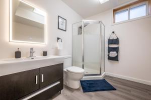 a bathroom with a toilet and a sink and a shower at Spacious Newly Renovated 1 Bedroom Suite in Halifax