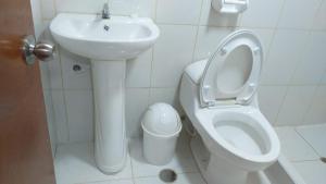 La salle de bains est pourvue de toilettes et d'un lavabo. dans l'établissement Cabañas del bosque Don Efraín-La Merced, à La Merced