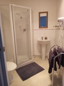 ein Bad mit einer Dusche und einem Waschbecken in der Unterkunft Old Colony Inn in New Norfolk