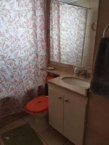 a bathroom with a sink and a shower curtain at Arriendo diario a pasos playa la herradura in Coquimbo