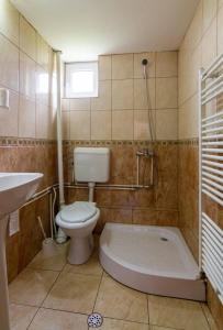 a bathroom with a toilet and a tub and a sink at Casa Cornel in Vartop