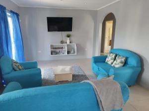 sala de estar con 2 sillas azules y TV en Arcadia House, en Vieux Fort