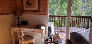 um quarto com uma secretária e uma varanda com um alpendre em Kookas Cottage em Merrijig