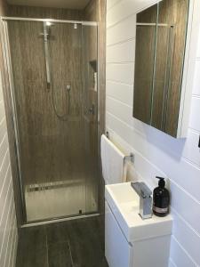 a bathroom with a shower and a toilet and a sink at SKI View 1 in Mount Buller