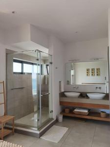 uma casa de banho com uma cabina de duche em vidro e 2 lavatórios. em Pieds dans l'eau et spacieux em Rivière Noire