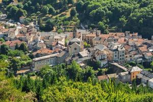 an aerial view of a town on a hill at Petit paradis dans l'aveyron in Saint-Jean-du-Bruel