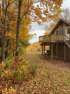 a cabin in the woods with leaves on the ground at Catskills Barn Apt on 34 acre Estate with Mountain views in Delhi