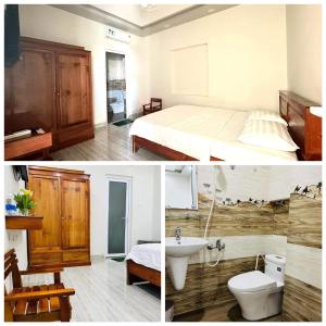 Duas fotografias de um quarto com uma cama e um lavatório. em HOTEL 86 PHAN THIẾT em Ấp Bình Hưng