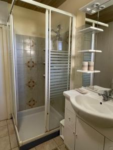 łazienka z prysznicem i umywalką w obiekcie Holidayhome for 6 persons at Ferme la Geneste w mieście Coux-et-Bigaroque