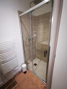 La salle de bains est pourvue d'une douche avec une porte en verre. dans l'établissement Le Nica, à Trélazé