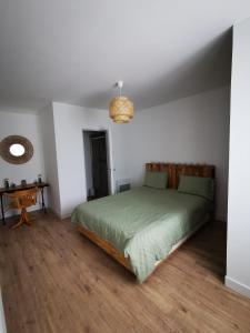 a bedroom with a green bed and a wooden floor at Le Nica in Trélazé