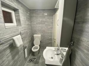 La salle de bains est pourvue de toilettes et d'un lavabo. dans l'établissement Apartman Downtown, à Bosanski Novi