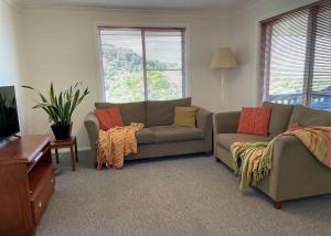 een woonkamer met twee banken en een tv bij On the Hillside in Coffs Harbour