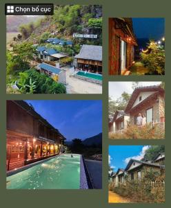 een collage van foto's van verschillende huizen en een zwembad bij A Khoan Homestay - Venuestay in Mai Chau