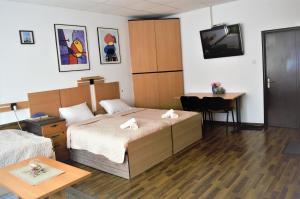 1 dormitorio con cama, mesa y TV en Стаи за гости При Зори и Ицо, en Nova Zagora