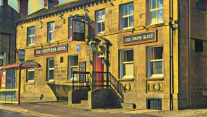 a painting of a building with a clock on it at Croppers Arms in Huddersfield