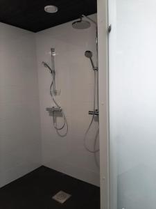 ein weißes Bad mit zwei Duschständen in einer Wand in der Unterkunft Comfortable villa with a hot tub 