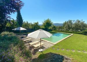 una piscina con 2 sombrillas y sillas junto a un patio en Quinta Da Bouca D'Arques, en Vila de Punhe