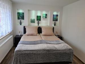 um quarto com uma cama grande e 2 almofadas em Ferienwohnung Akay em Langenlonsheim