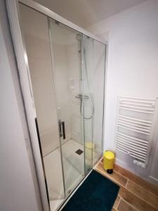 een badkamer met een douche en een glazen deur bij Le Puzzle in Trélazé