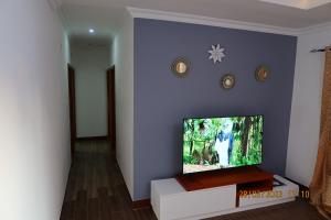 a living room with a flat screen tv on a wall at Katonga Lolani Apartment in Lusaka
