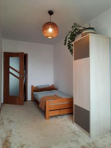 a bedroom with a bed and a potted plant at Przestronny Apartament Happy 7 in Warsaw