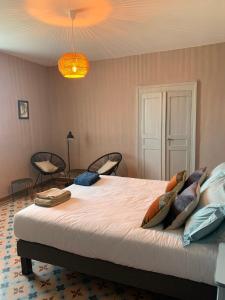 a bedroom with a large bed with pillows on it at Les Volets Rouges in Saint-Sauveur-de-Cruzières