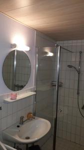 a bathroom with a sink and a shower with a mirror at Ferienhof-Meyer in Wingst