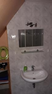 uma casa de banho com um lavatório e um espelho em Ferienhof-Meyer em Wingst