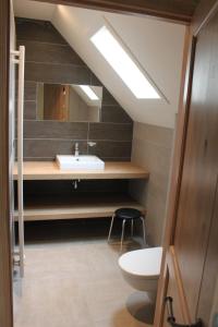 een badkamer met een wastafel en een spiegel bij De Landweg in Tielt