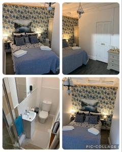four pictures of a bedroom with two beds and a bathroom at Maison Les Berrys in Bourganeuf