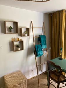 a room with a ladder and a table and a chair at Chambre Cocoon dans une maison avec SPA et jardin en centre ville in Dijon