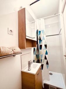 a small bathroom with a sink and a shower at Les studios de la Villa Jules Verne in Amiens
