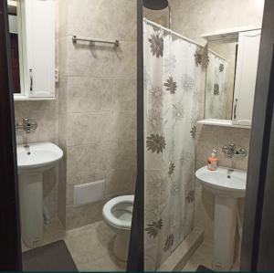 uma casa de banho com um WC, um lavatório e um chuveiro em Квартира - студія em Konotop
