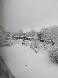 黑諾拉的住宿－Toimiva kodikas yksiö，雪覆盖的院子,后面有火车