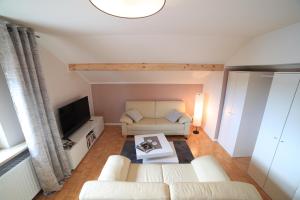 a living room with a couch and a tv at FerienNest Kelheim in Kelheim