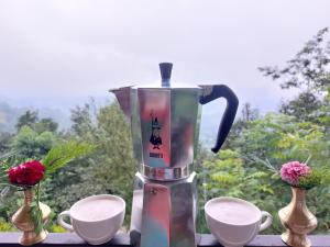 图利凯尔Hasera Organic Farmstay: Farm to Table & Mountain View的一张桌子上的咖啡壶和两个杯子