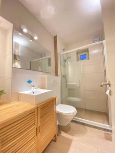 La salle de bains est pourvue de toilettes, d'un lavabo et d'une douche. dans l'établissement Kieler-Fewo-No-2, à Kiel