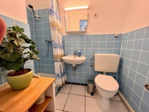 La salle de bains est pourvue de carrelage bleu, de toilettes et d'un lavabo. dans l'établissement Haus Atlantic Whg. 212, à Cuxhaven