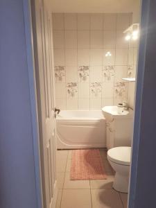 ein Badezimmer mit Toilette, Badewanne und Waschbecken in der Unterkunft Garsoniera Emilia in Câmpulung Moldovenesc + 19 Fotos