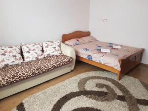 ein Sofa und ein Bett in einem Zimmer mit einem Teppich in der Unterkunft Garsoniera Emilia in Câmpulung Moldovenesc